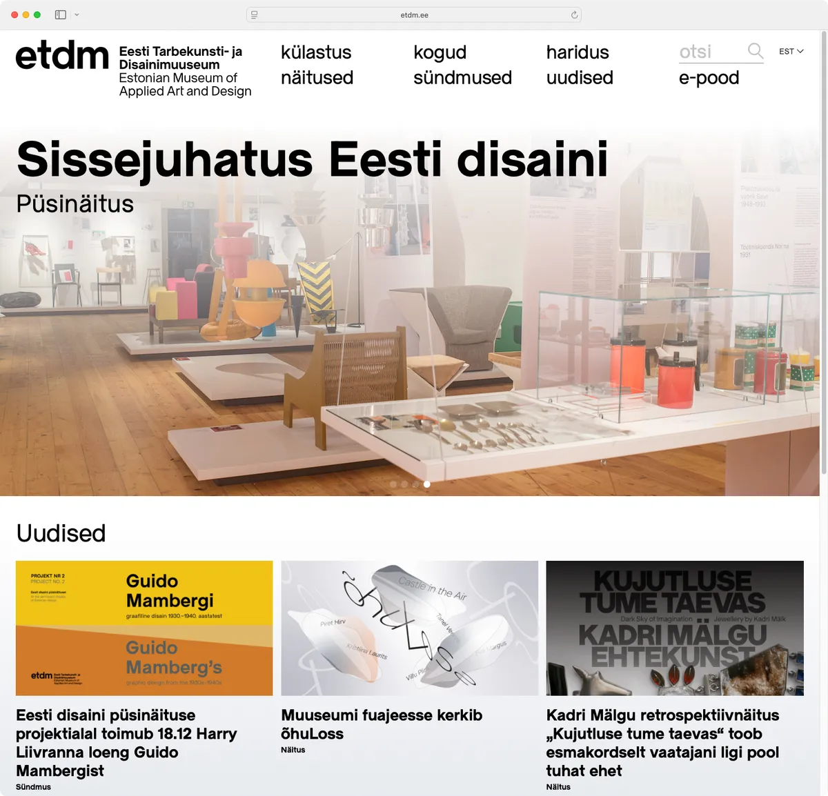 Screenshot of website for Estonian Museum of Applied Art and Design