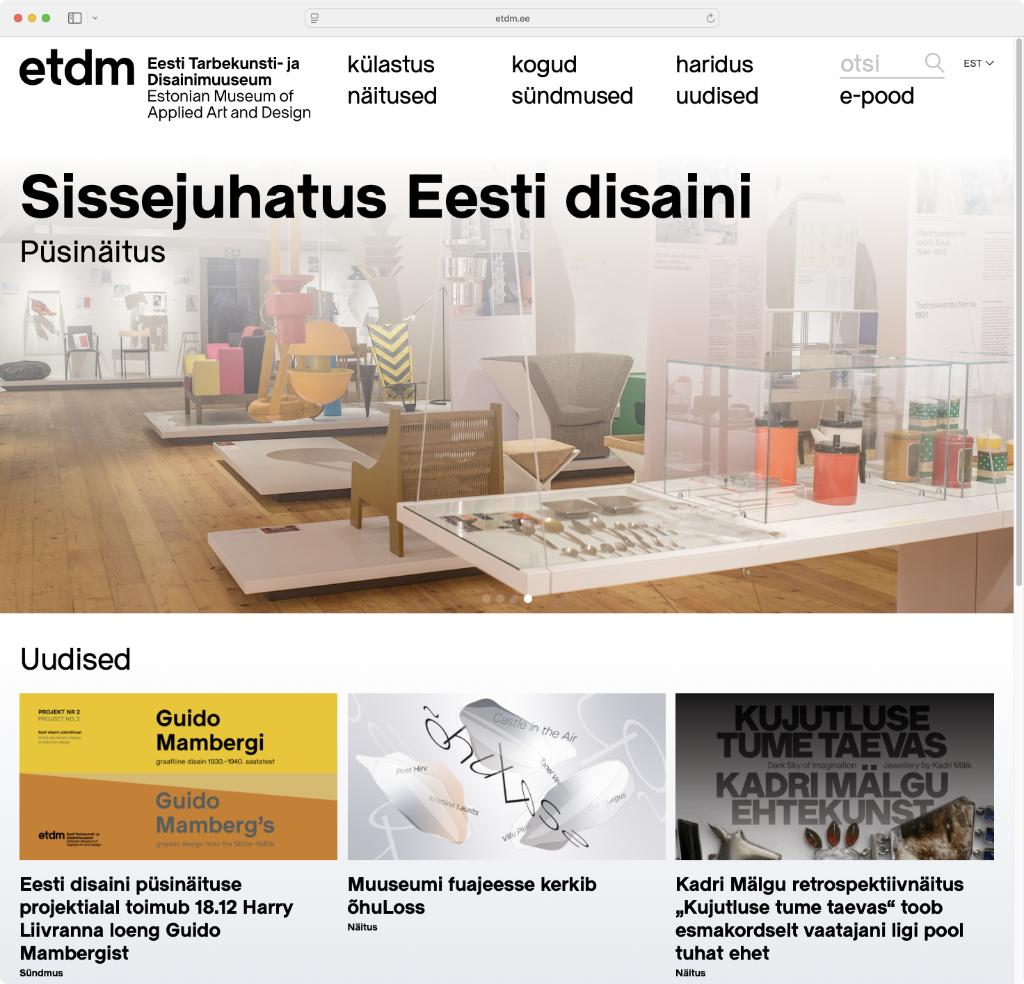 Kuvakaappaus Viron taideteollisuus- ja muotoilumuseon verkkosivustosta