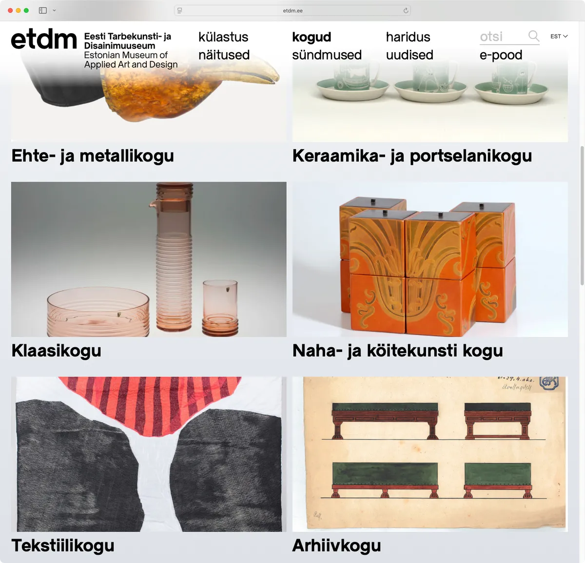 Screenshot of website for Estonian Museum of Applied Art and Design