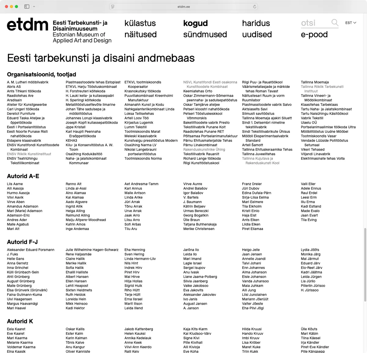 Screenshot of website for Estonian Museum of Applied Art and Design