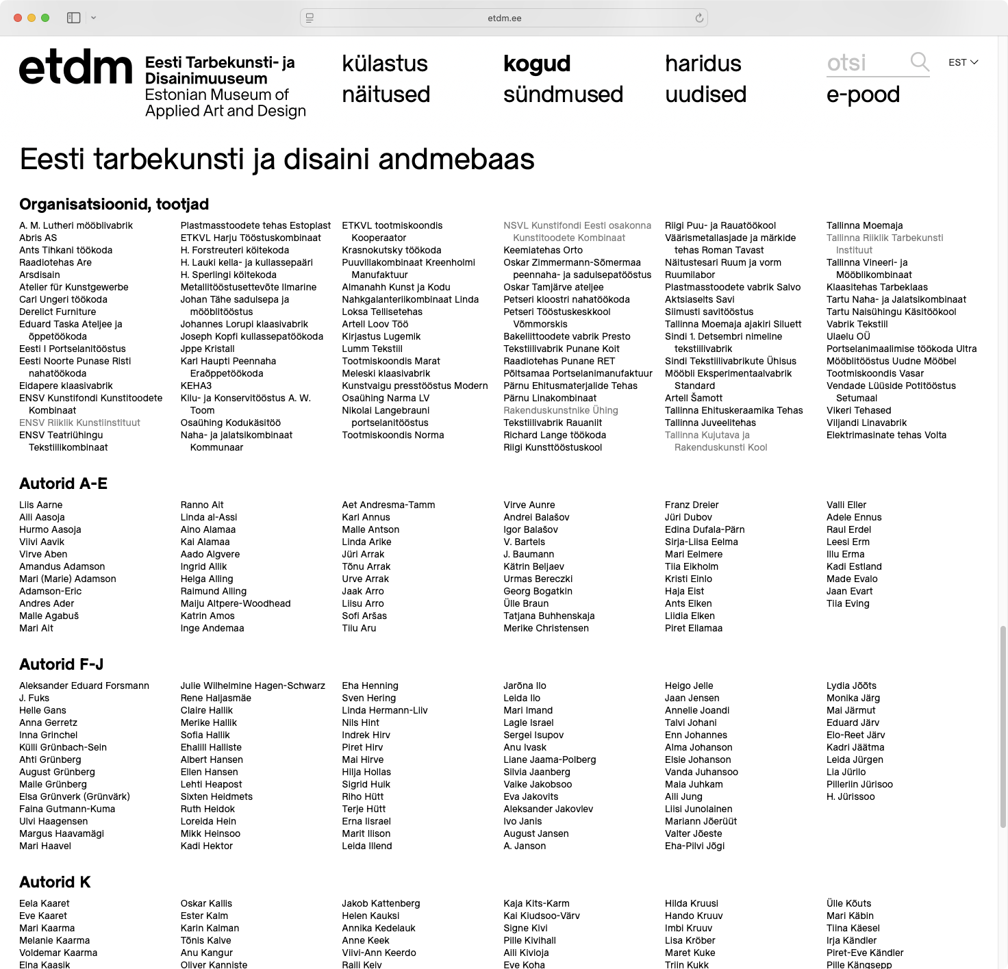 Kuvakaappaus Viron taideteollisuus- ja muotoilumuseon verkkosivustosta