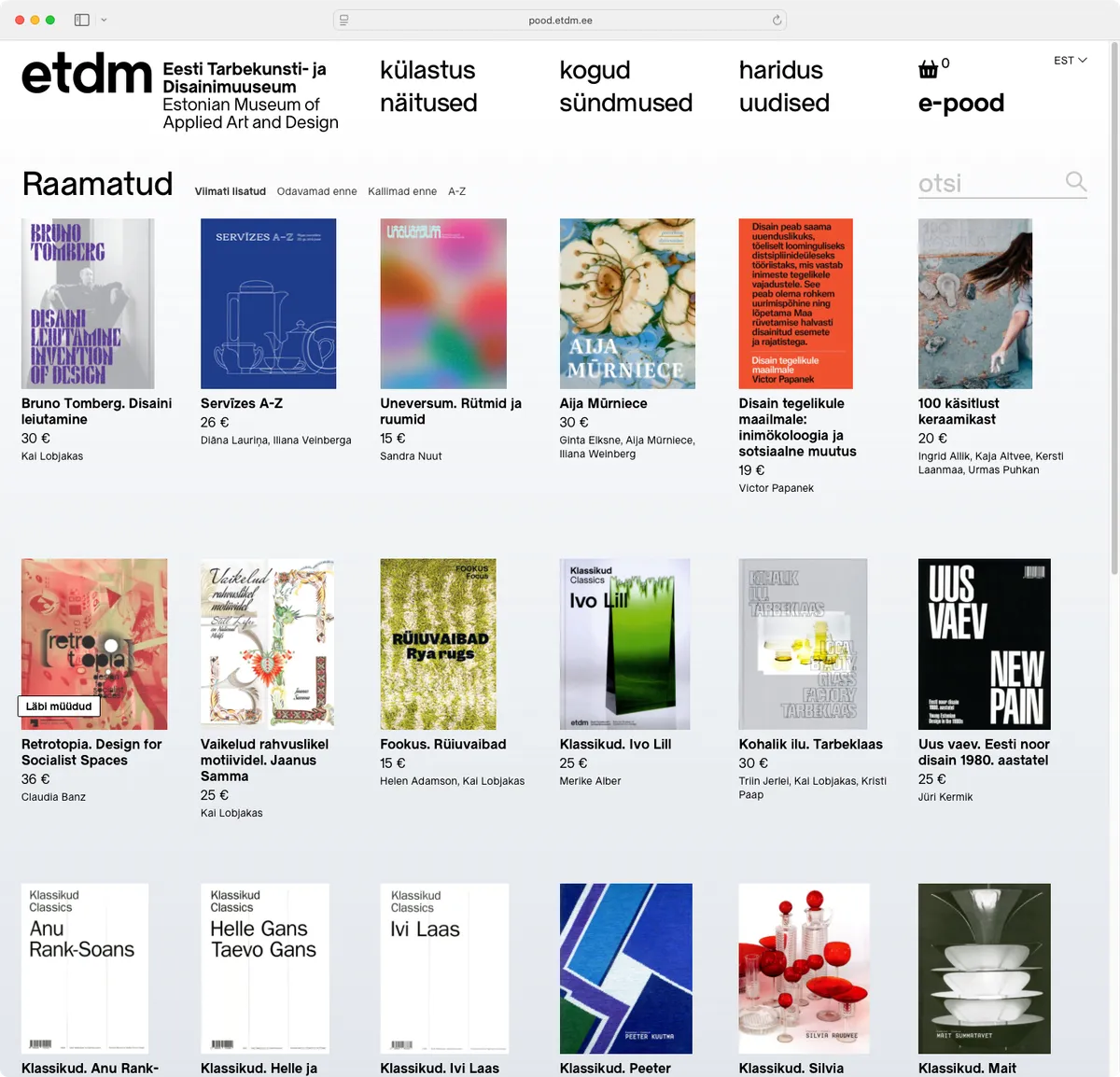 Screenshot of website for Estonian Museum of Applied Art and Design