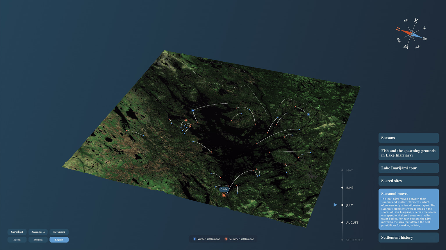 Kausittaisten liikkeiden karttanäkymä Siidan museon interaktiivisessa kartassa