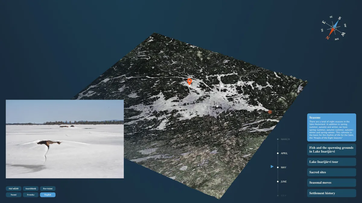 Seasons layer view of the interactive map screen in Siida museum