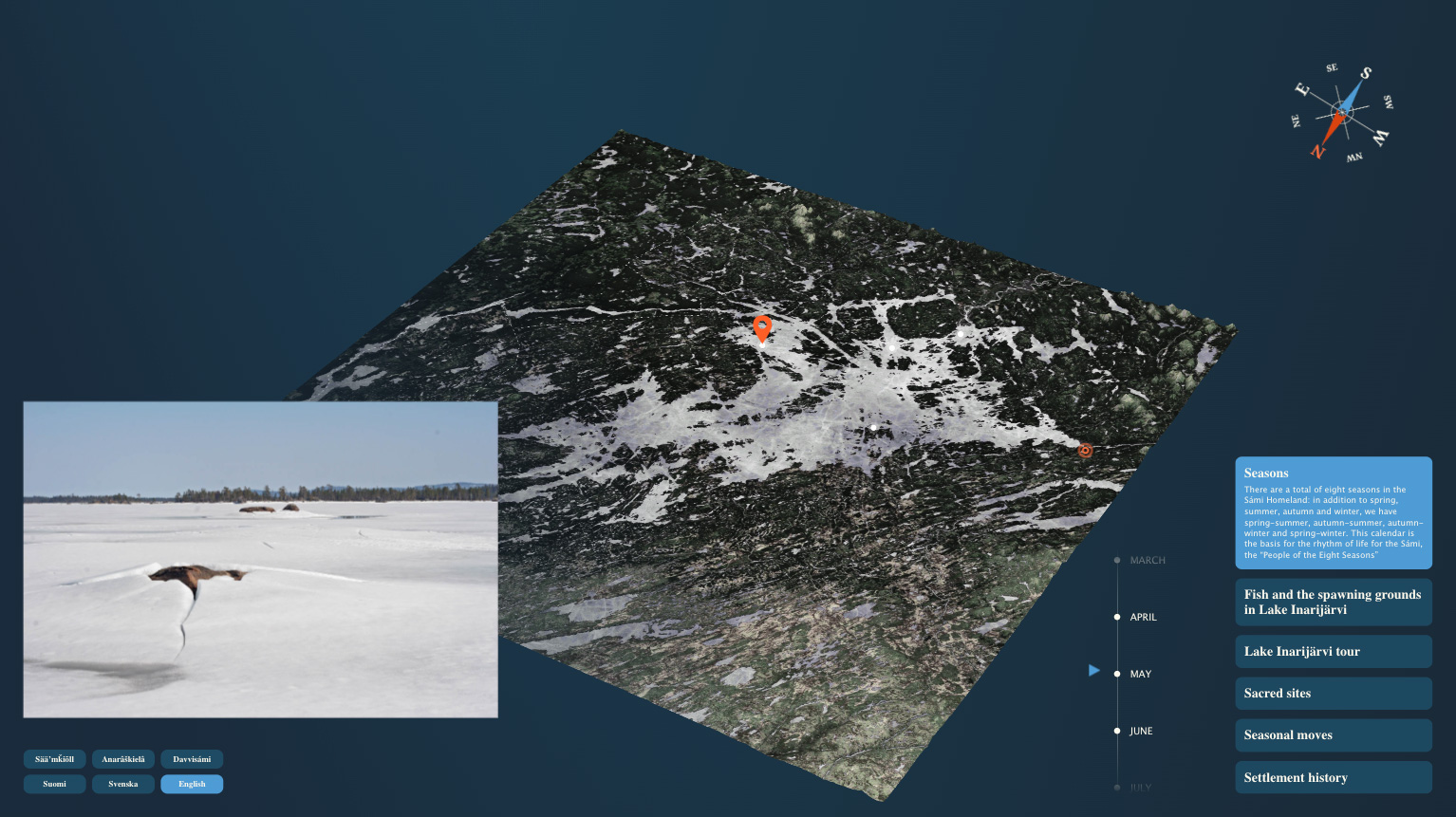Vuodenaikojen karttanäkymä Siidan museon interaktiivisessa kartassa