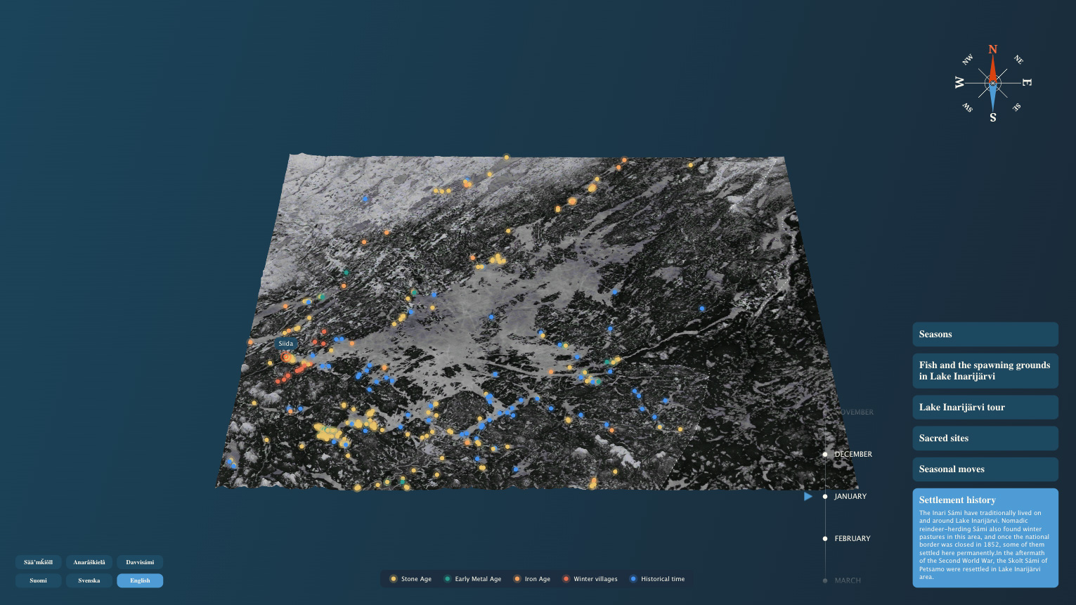 Asutushistorian karttanäkymä Siidan museon interaktiivisessa kartassa